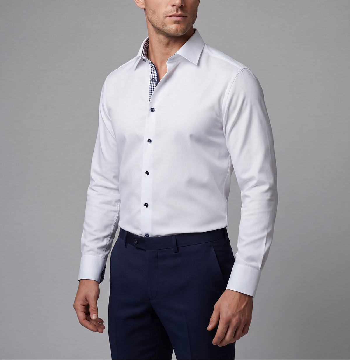 White button-up dress shirt with blue check contrast collar and placket, dark buttons