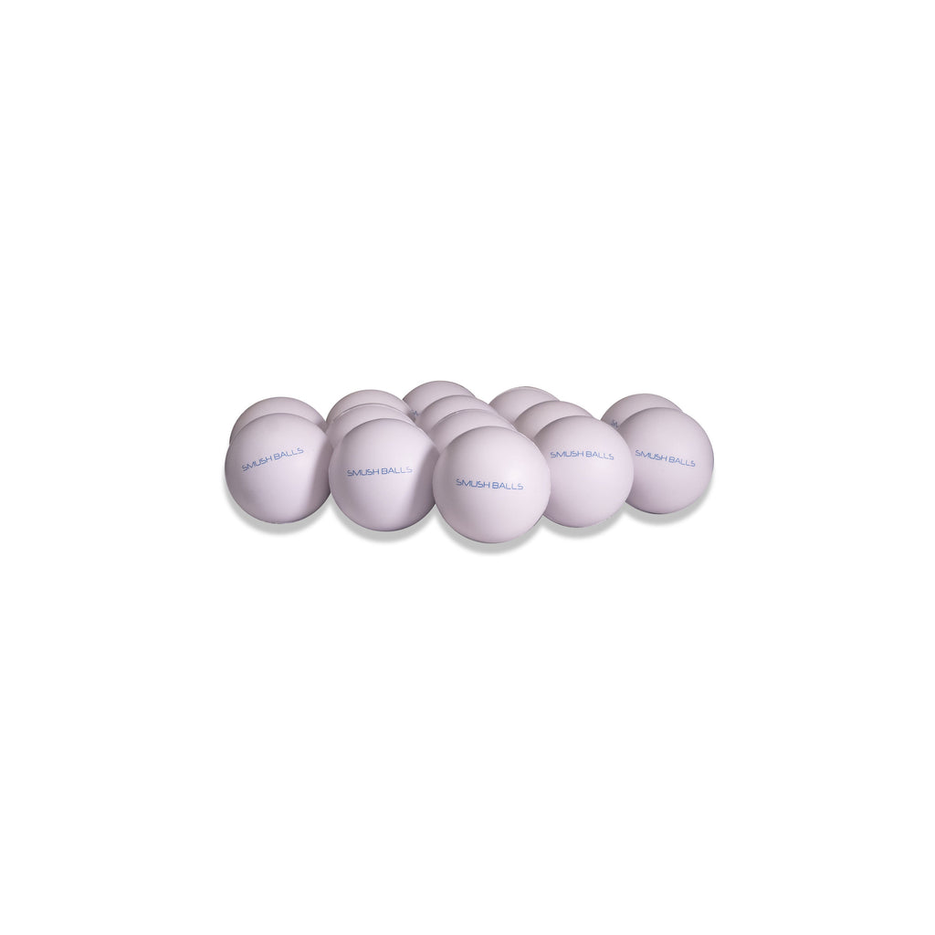 Group of white SMUSH BALLS stress balls arranged in a short line.