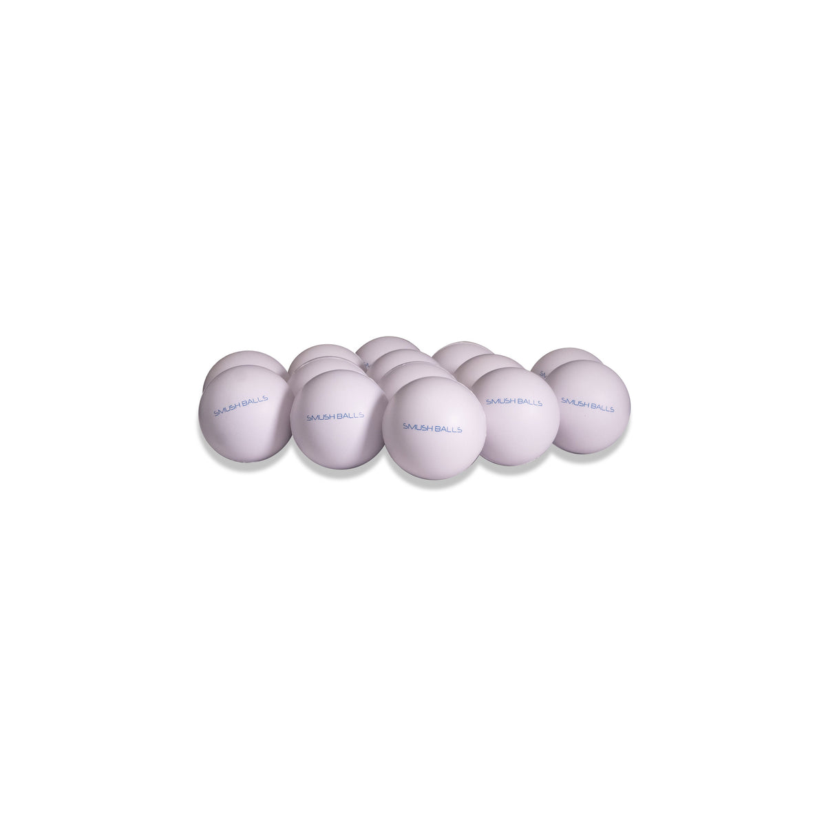 Group of white SMUSH BALLS stress balls arranged in a short line.