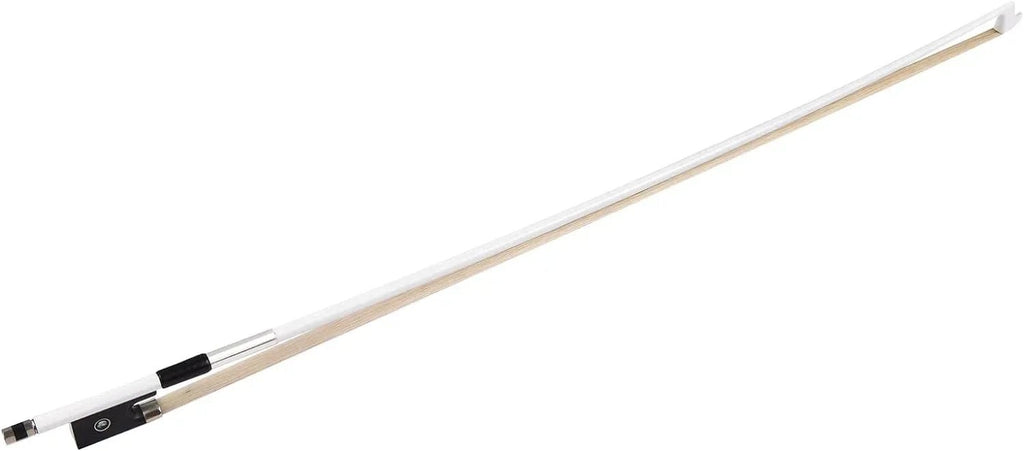 White violin bow with black grip and silver accents