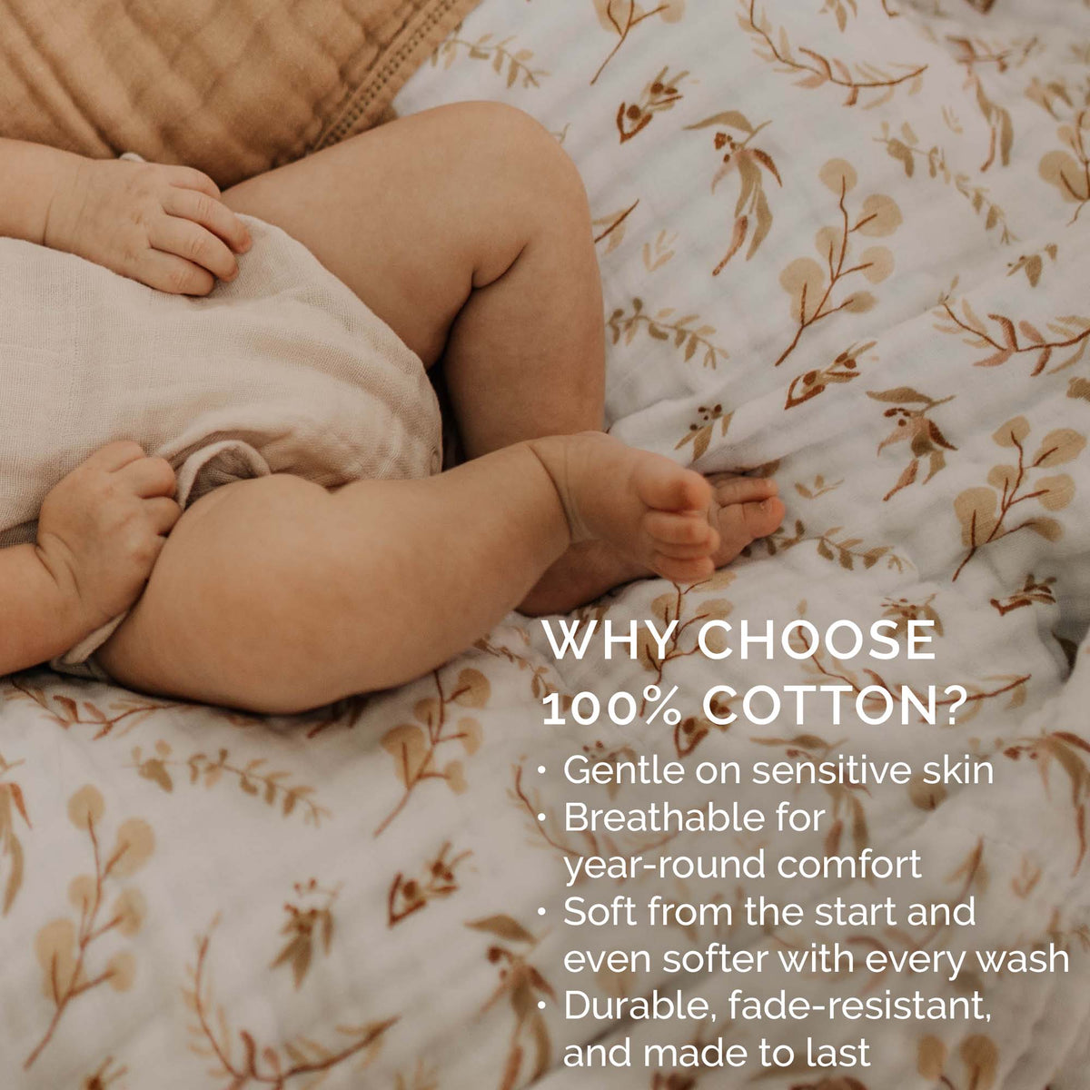 Soft muslin quilt fabric closeup with tan botanical print