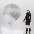 Silver bob cosplay wig on mannequin, with dark 9S-style character outfit beside it