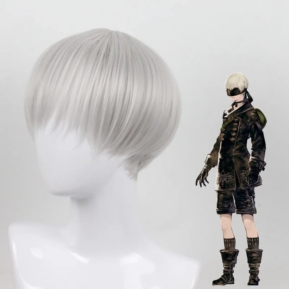 Silver bob cosplay wig on mannequin, with dark 9S-style character outfit beside it