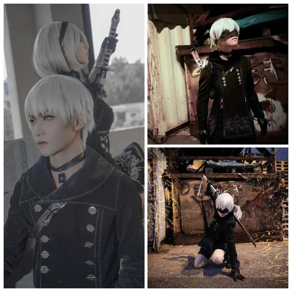 Black cosplay outfit on model with white bob wig and accessories; outdoor and indoor scenes