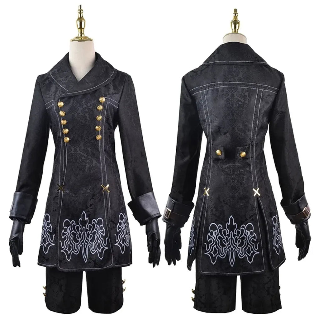 Black cosplay coat with gold button trim, decorative hem, and long sleeves; back view