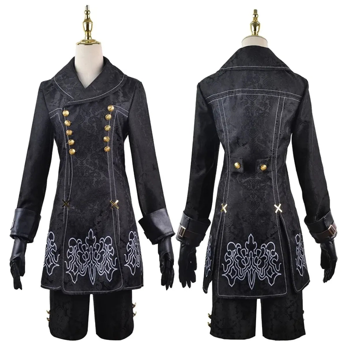 Black cosplay coat with gold button trim, decorative hem, and long sleeves; back view