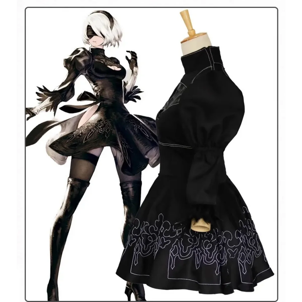 Black 2B-style cosplay dress with silver wig and long gloves, full-length view