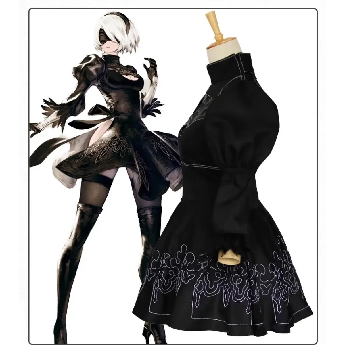 Black 2B-style cosplay dress with silver wig and long gloves, full-length view