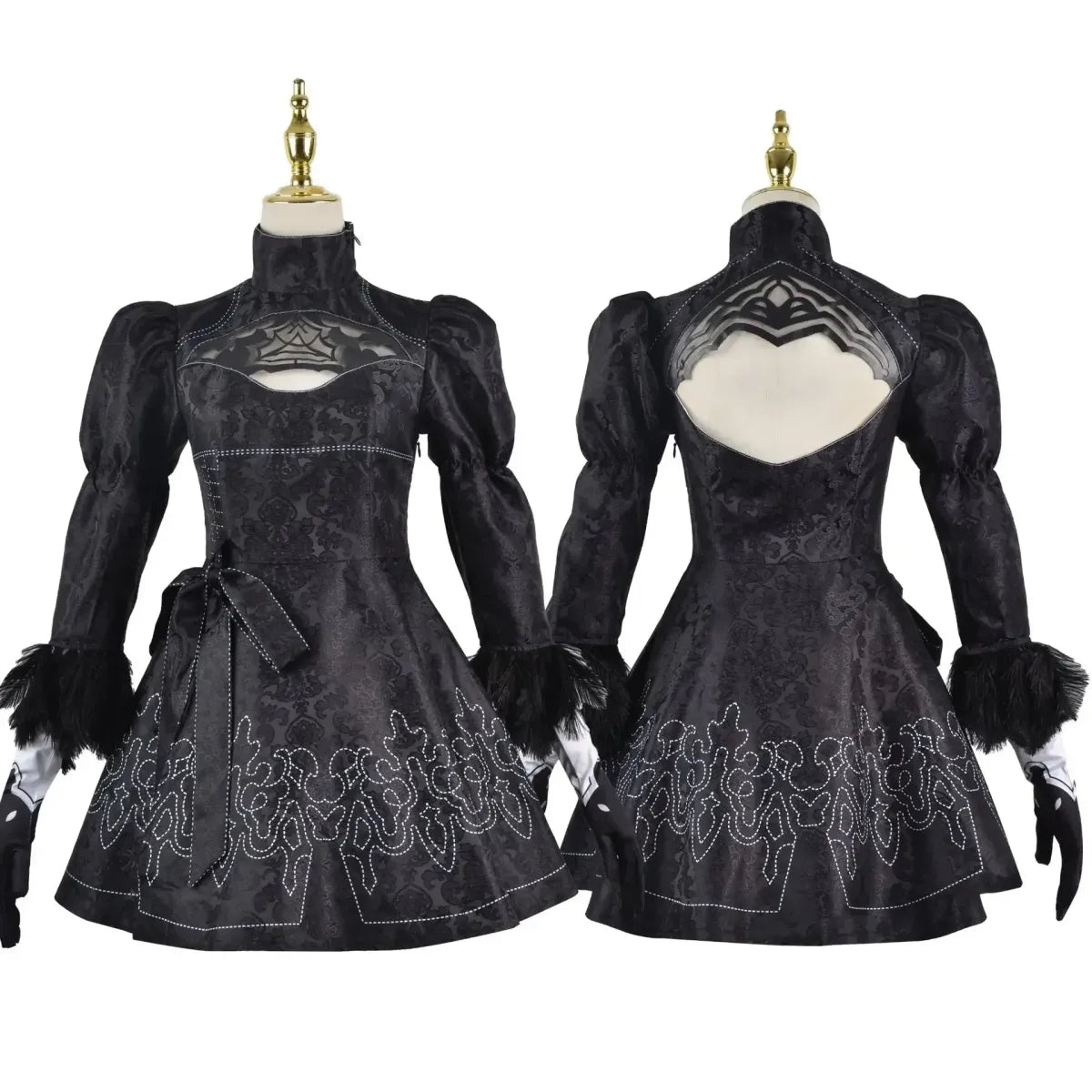 Black fitted corset-style dress with puff sleeves and faux lace trim; front and back views