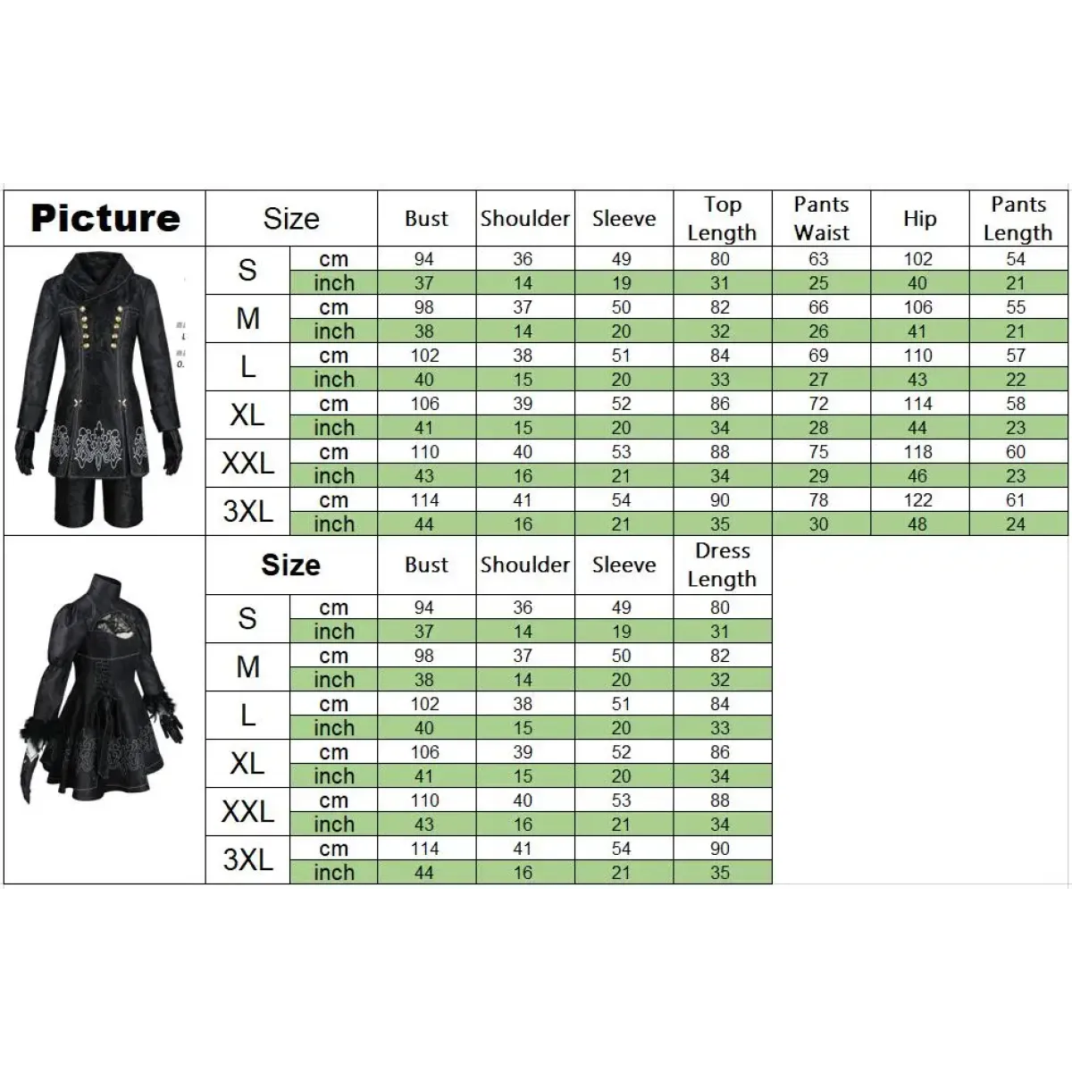 Size chart table for black cosplay coat and dress costume, bust, shoulder, sleeve, lengths