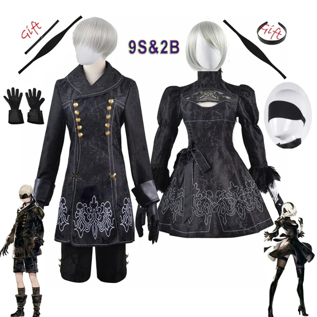 Black 9S/2B cosplay coat and dress costume set with gold buttons, gloves, wig accessories