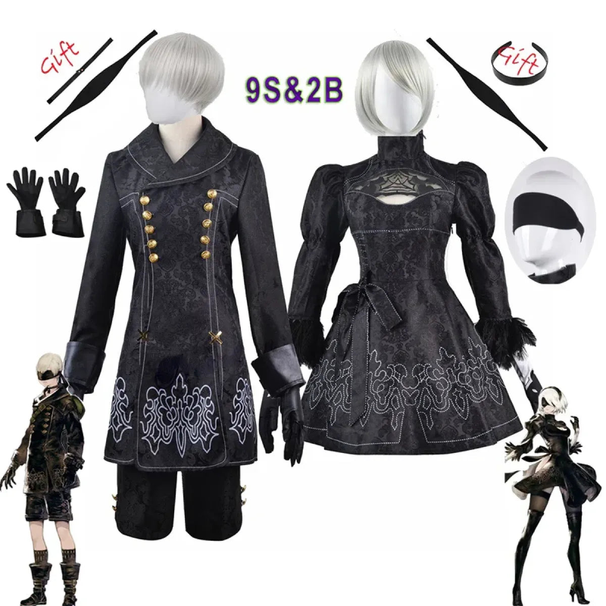 Black 9S/2B cosplay coat and dress costume set with gold buttons, gloves, wig accessories