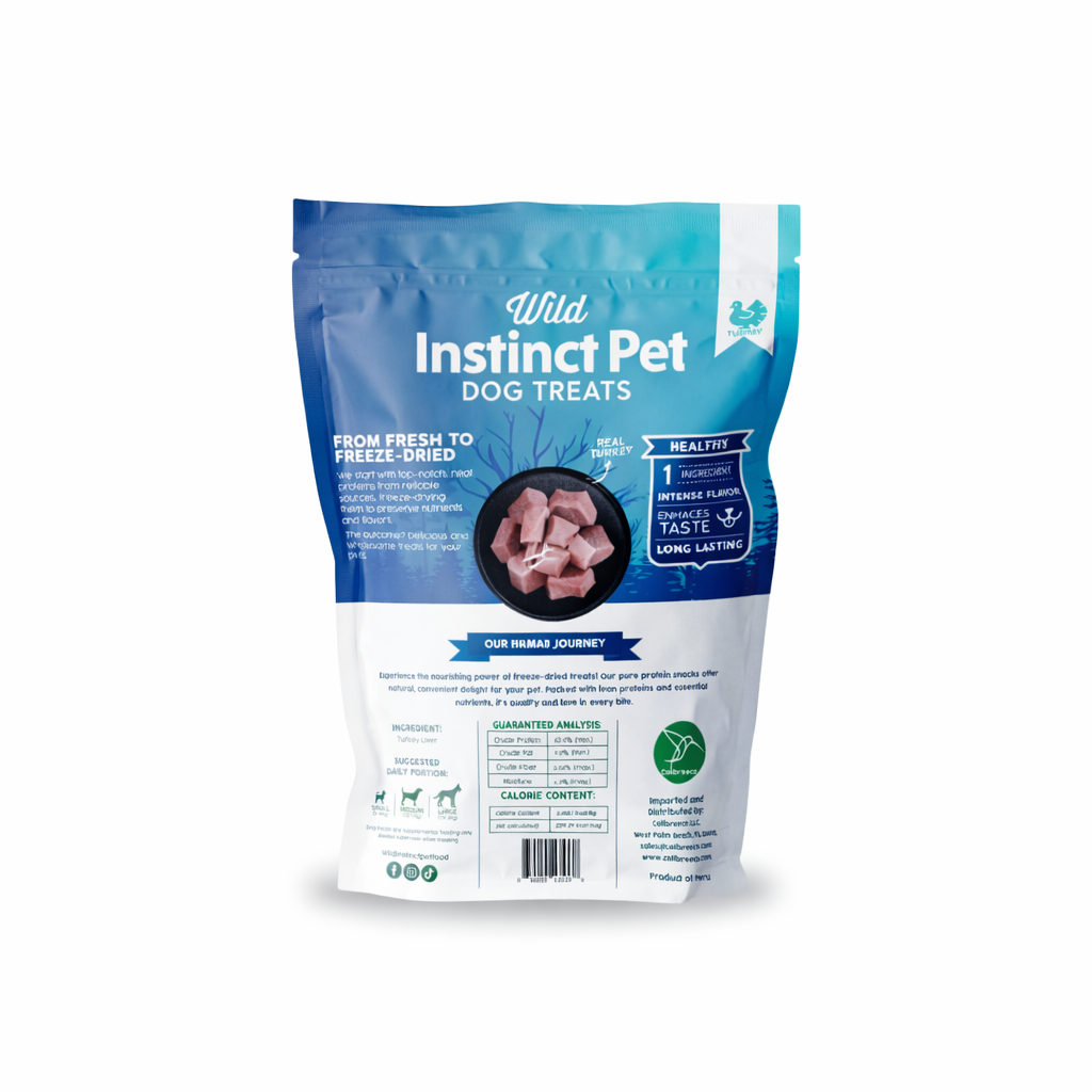 Back of freeze-dried turkey liver dog treats pouch with ingredients and analysis