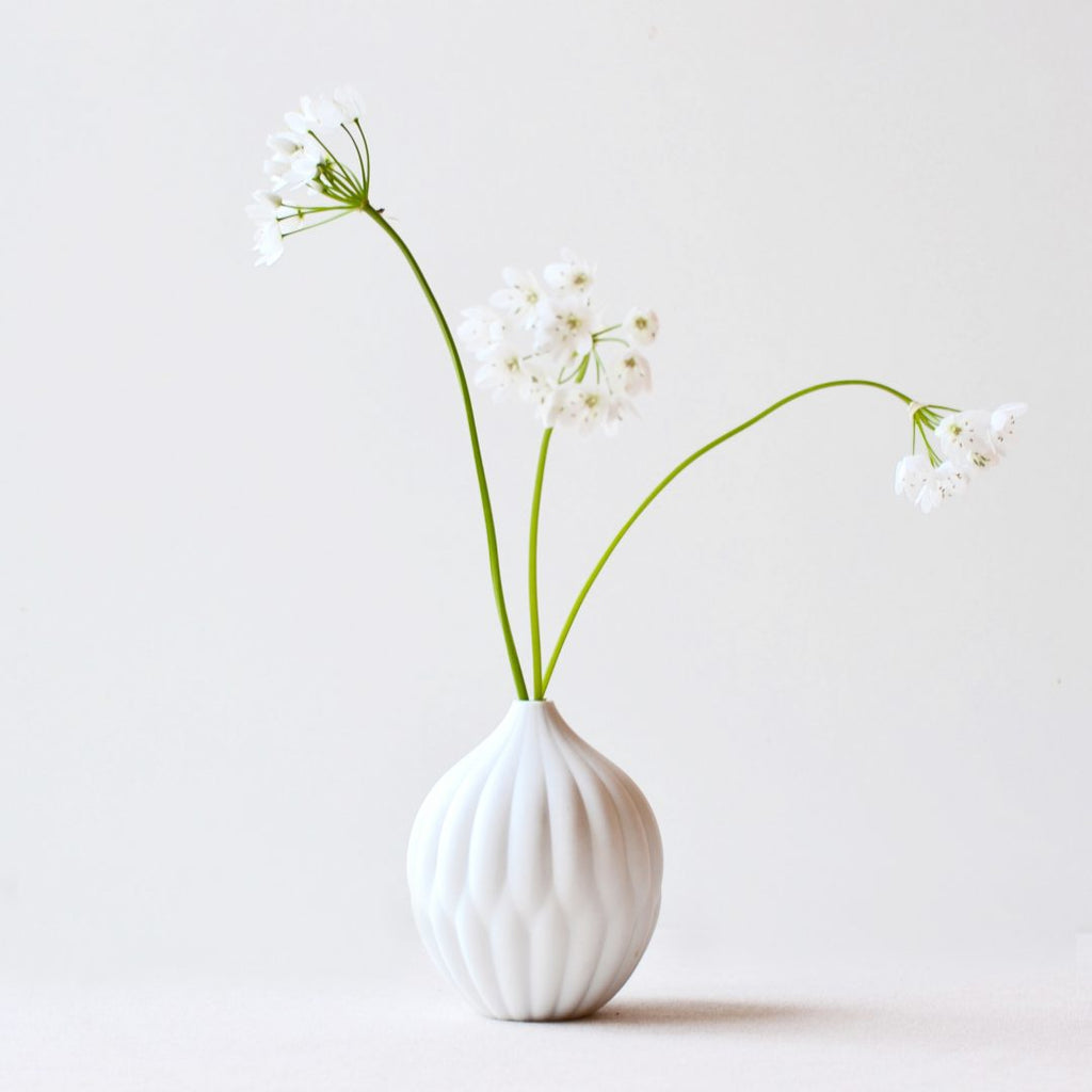 Small textured porcelain vase with white ribbed body and white flower stems