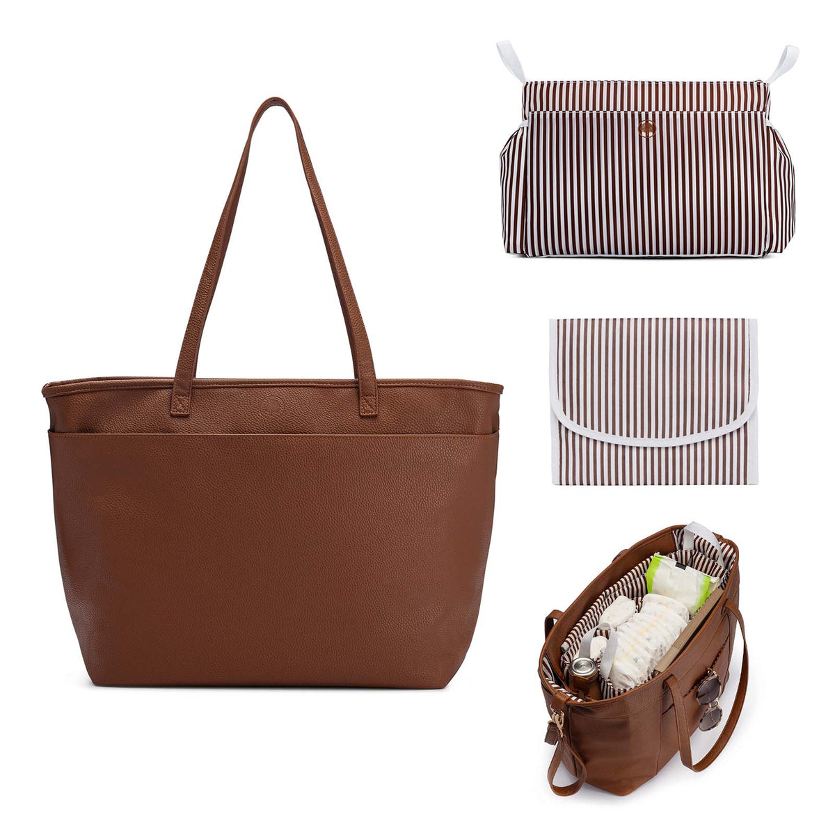 Chestnut tote bag with matching striped pouch and organizer set