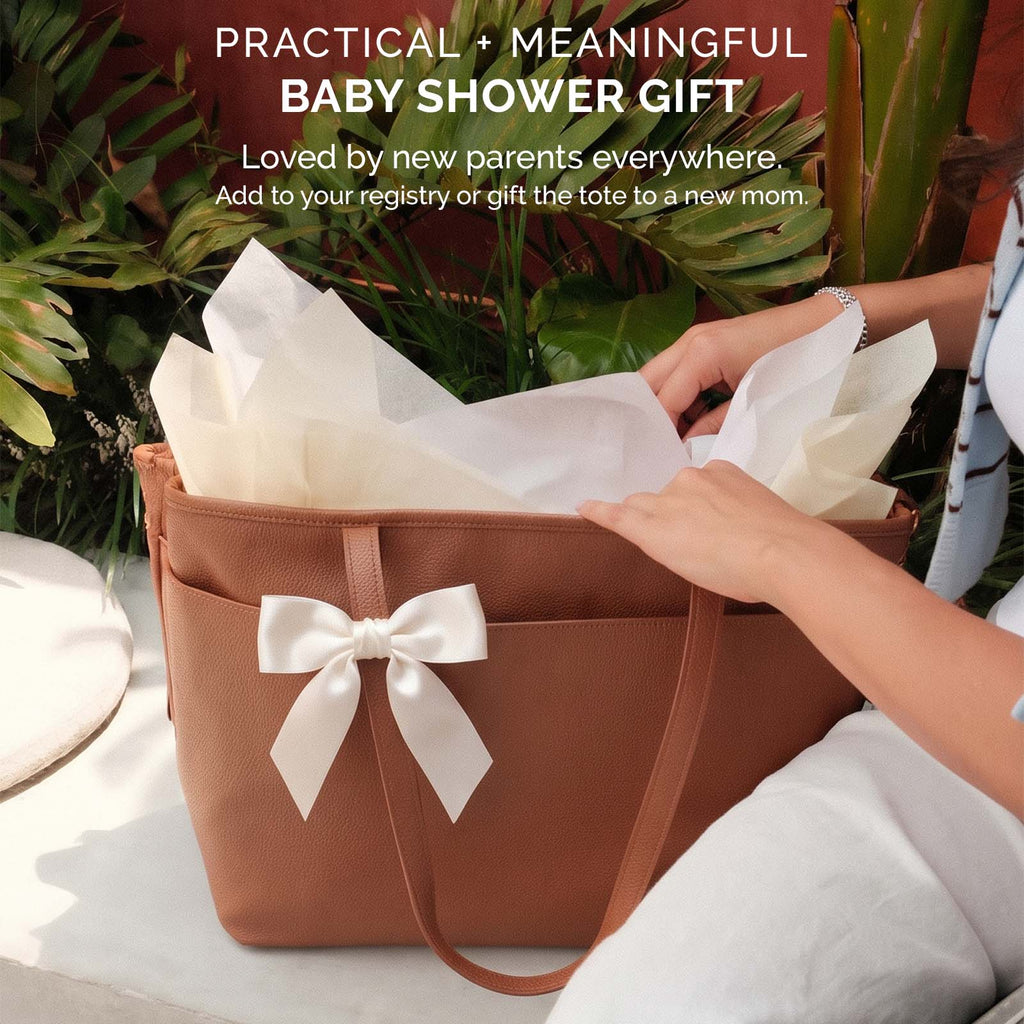 Chestnut Willow tote bag with white bow on front and top handles
