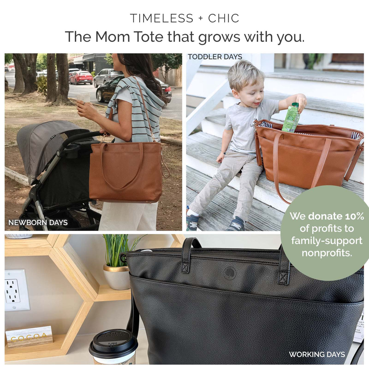 Chestnut tote bag with top handles and zippered main compartment