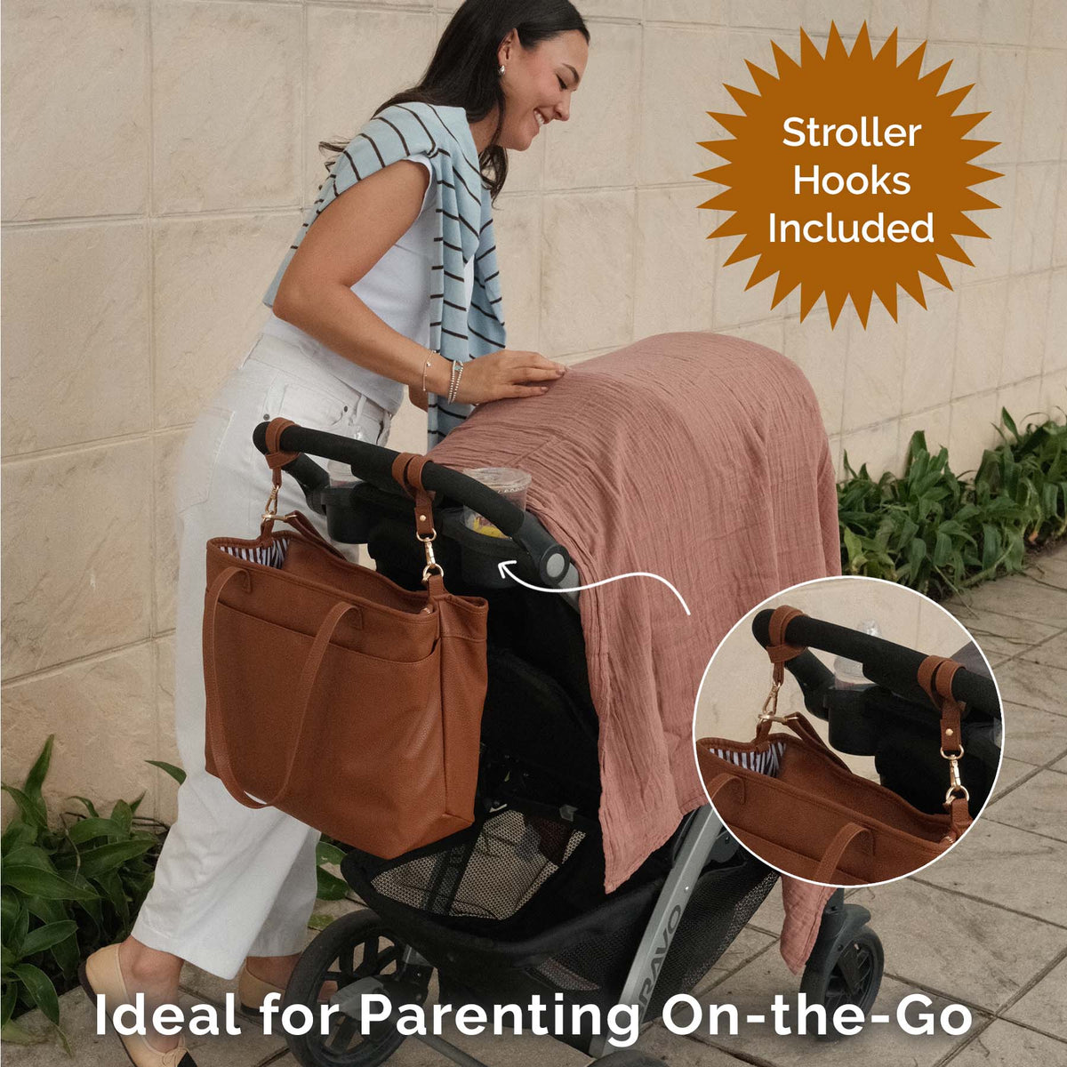 Chestnut tote bag with top handles, attached to a stroller