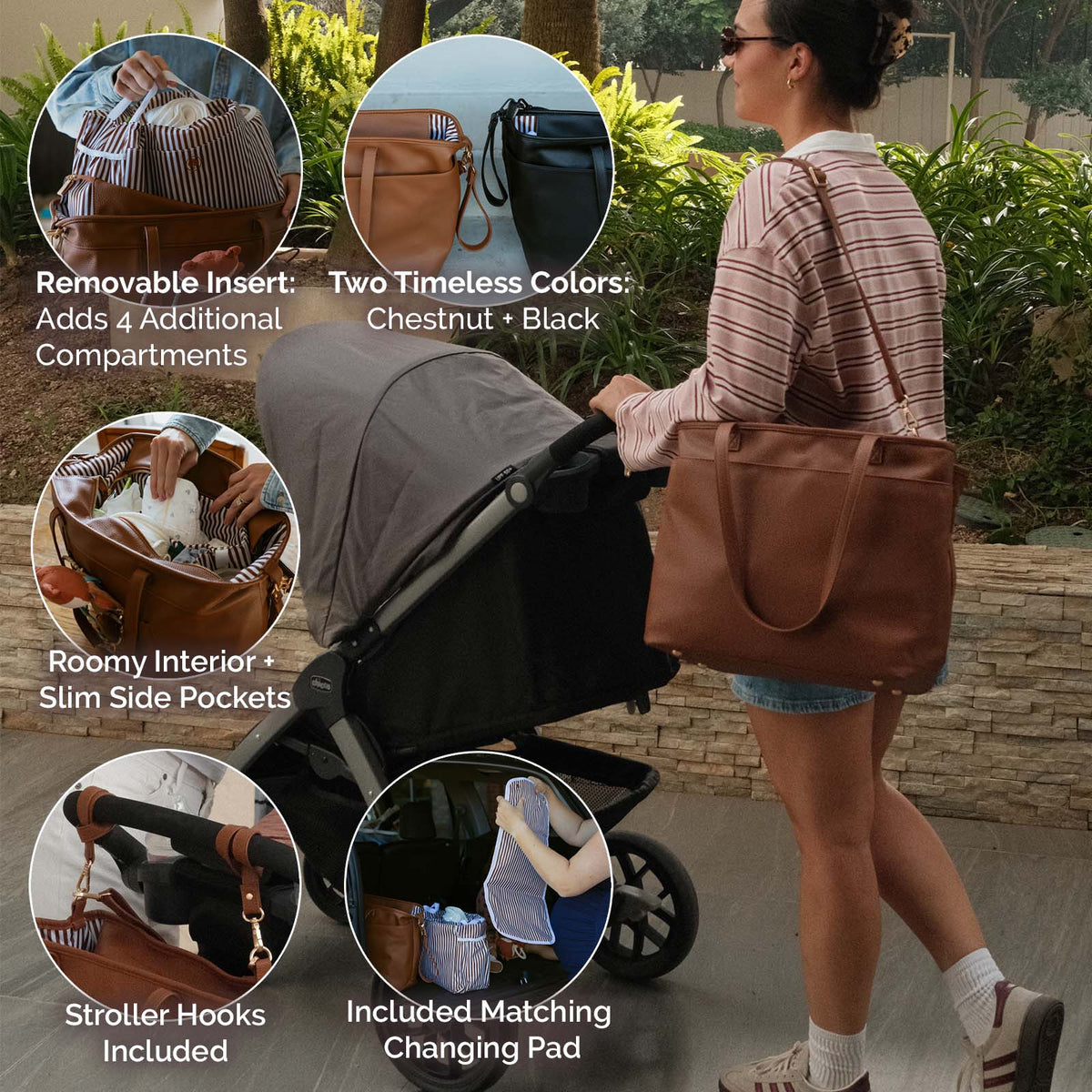 Chestnut tote bag carried by a person with top handles and front pocket