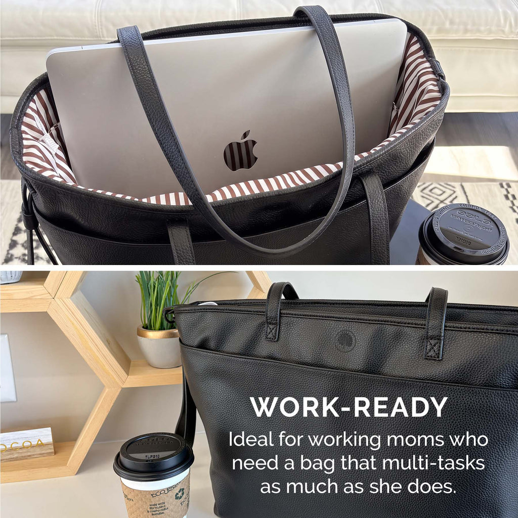 Black tote bag with open top, gray straps, and a laptop inside