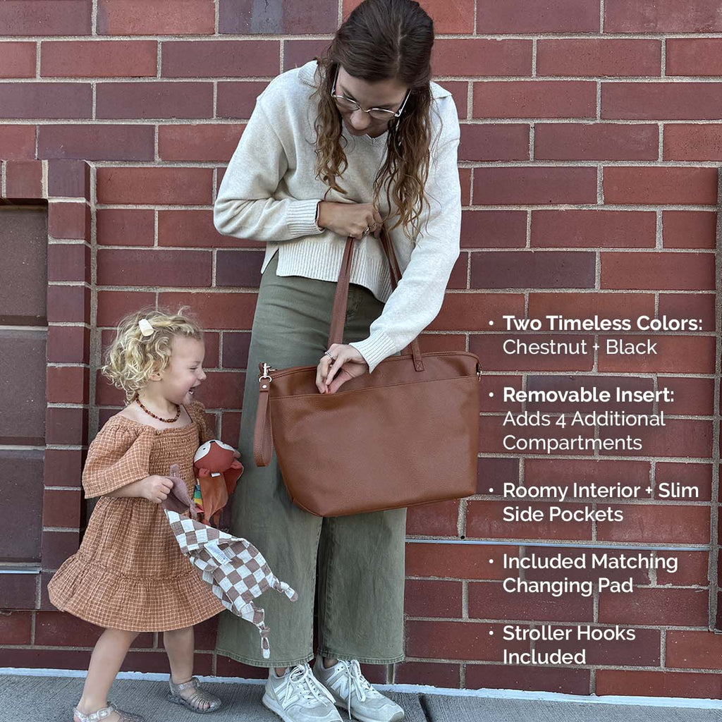 Chestnut tote bag with bow front and long shoulder straps