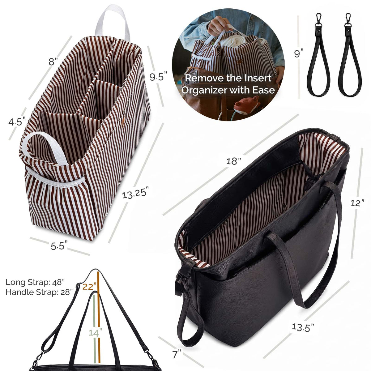 Striped insert organizer for tote, shown with chestnut-and-black bag exterior