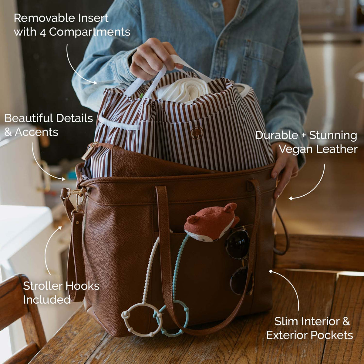 Brown vegan leather tote bag with striped removable insert and gold hardware
