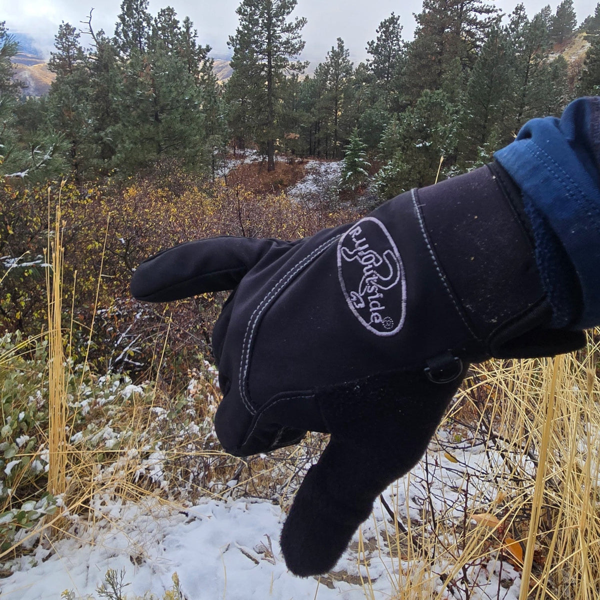 Black windbreak gloves with R.U.Outside logo patch and fleece cuff