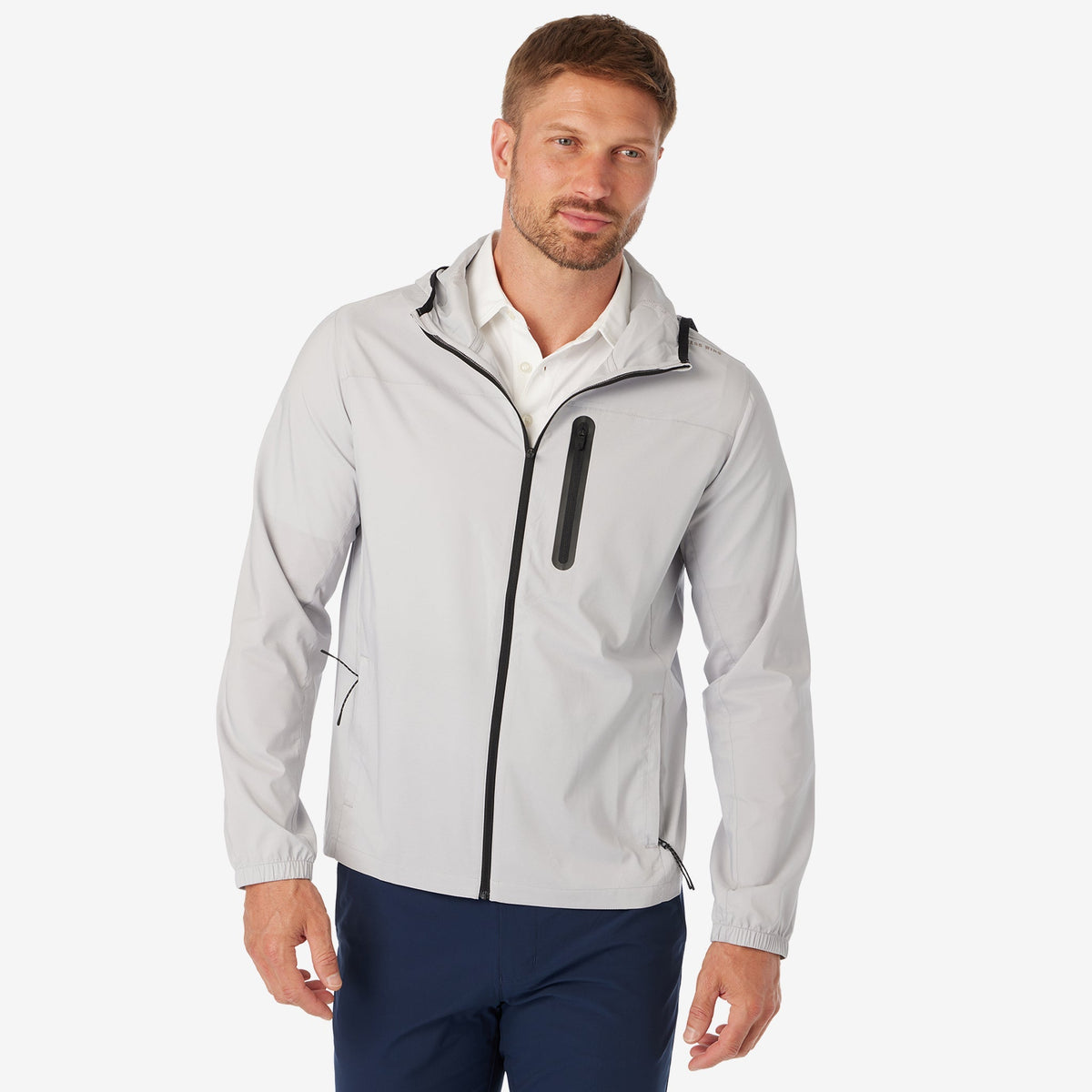 Ash gray windbreaker jacket with black full-zip front and stand collar