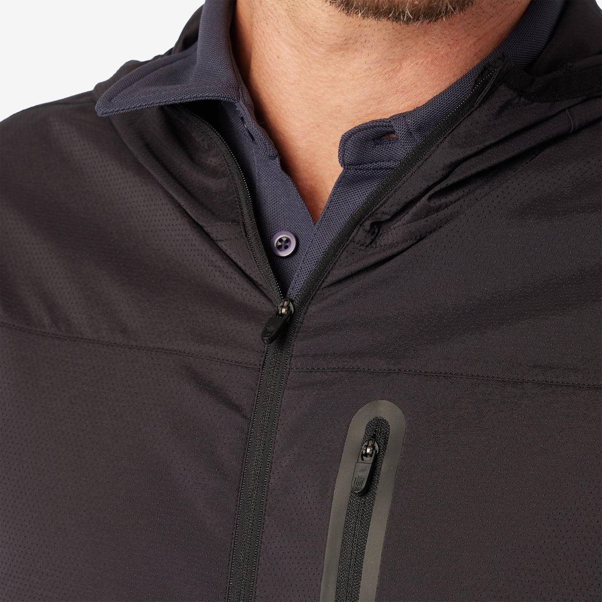 Black windbreaker jacket with stand collar, center zipper, and front pocket