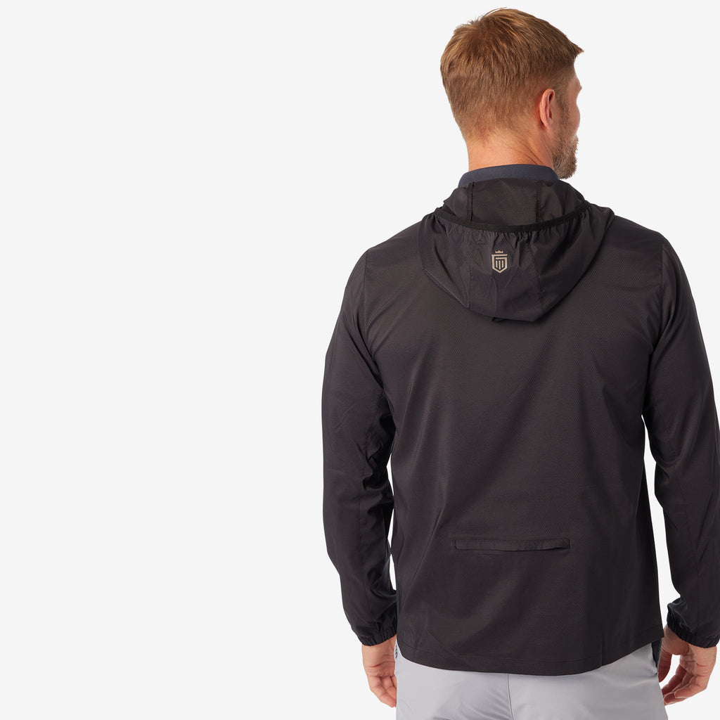 Black windbreaker jacket back view with adjustable hood and vented yoke