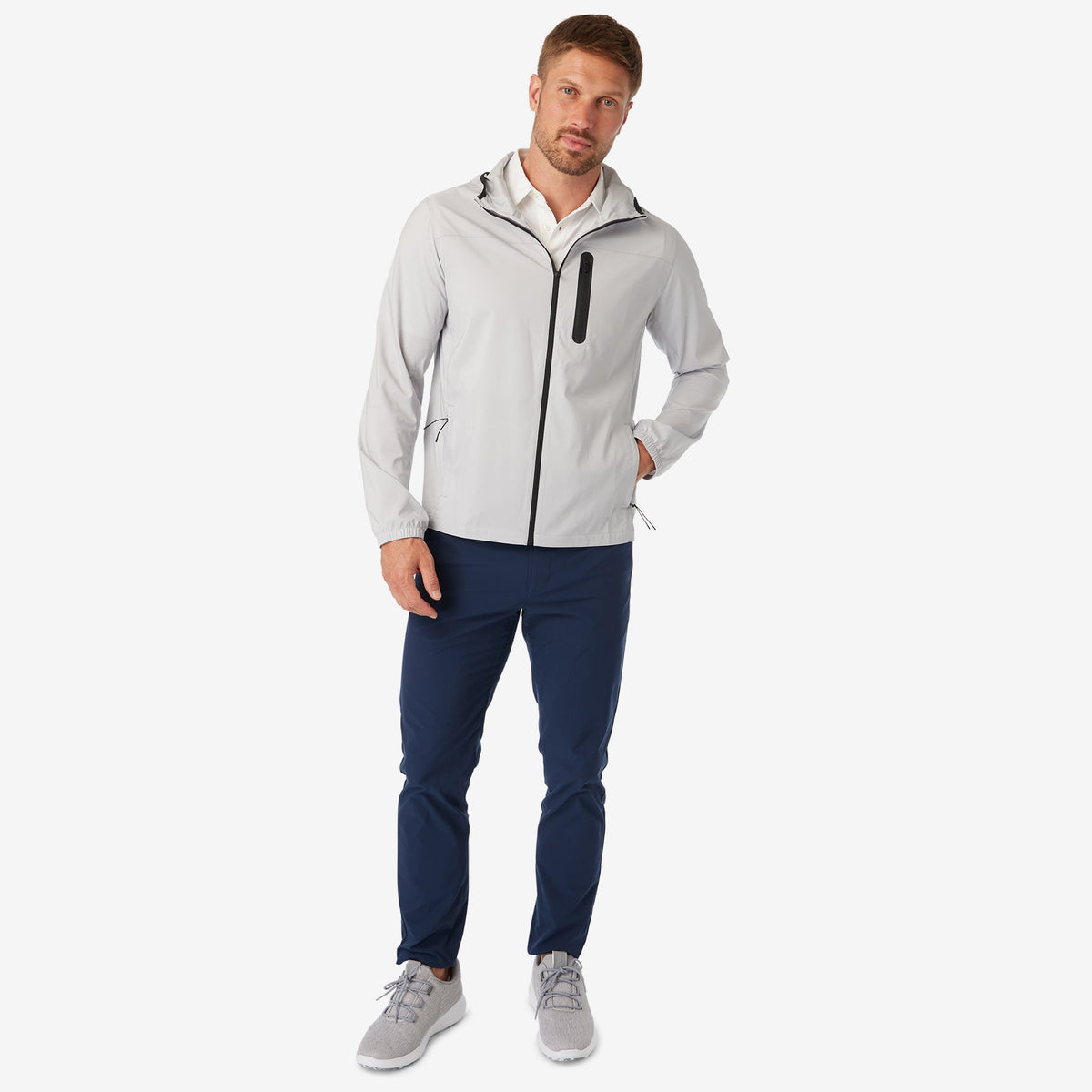 Ash gray windbreaker jacket front view with black zip and stand collar
