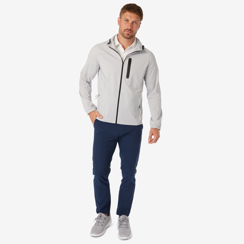 Ash gray windbreaker jacket with black zip placket and stand collar