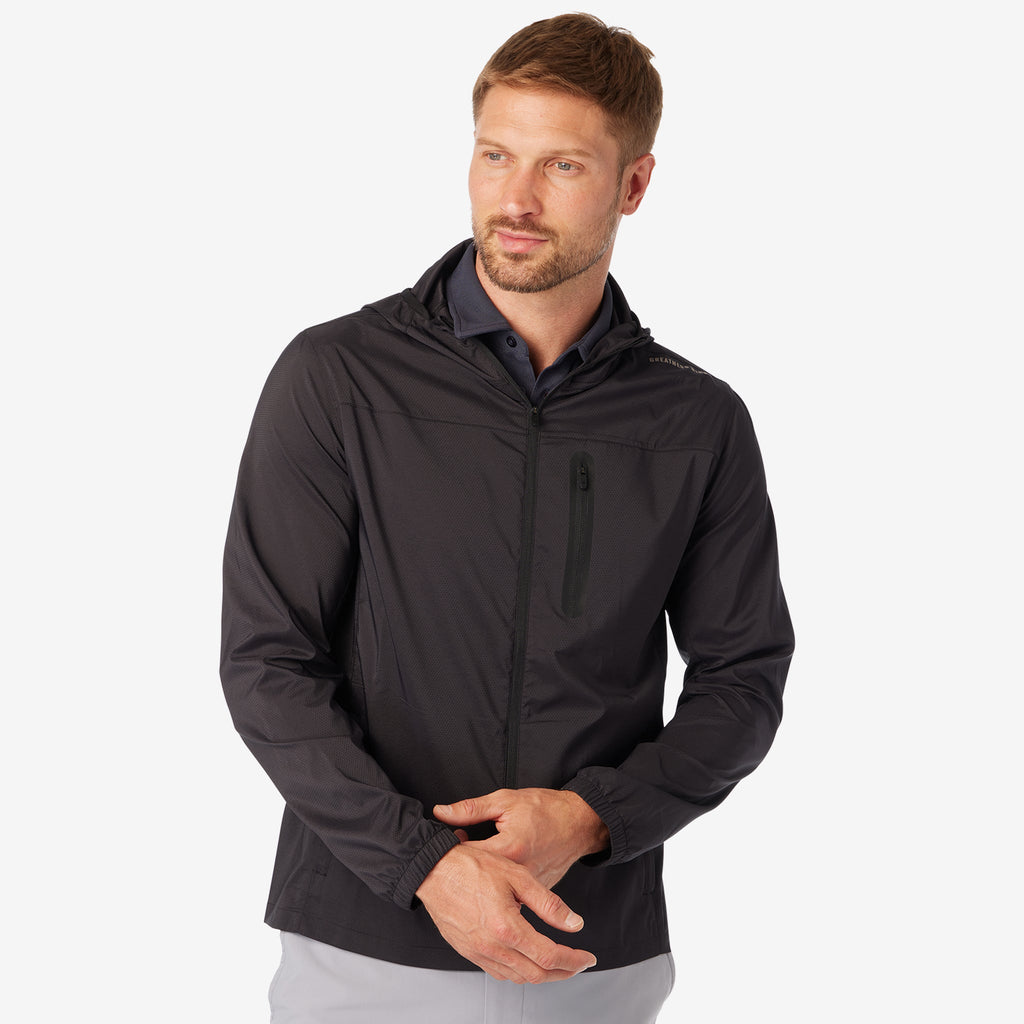 Black windbreaker jacket with hood, full-zip front, and zip pocket detail