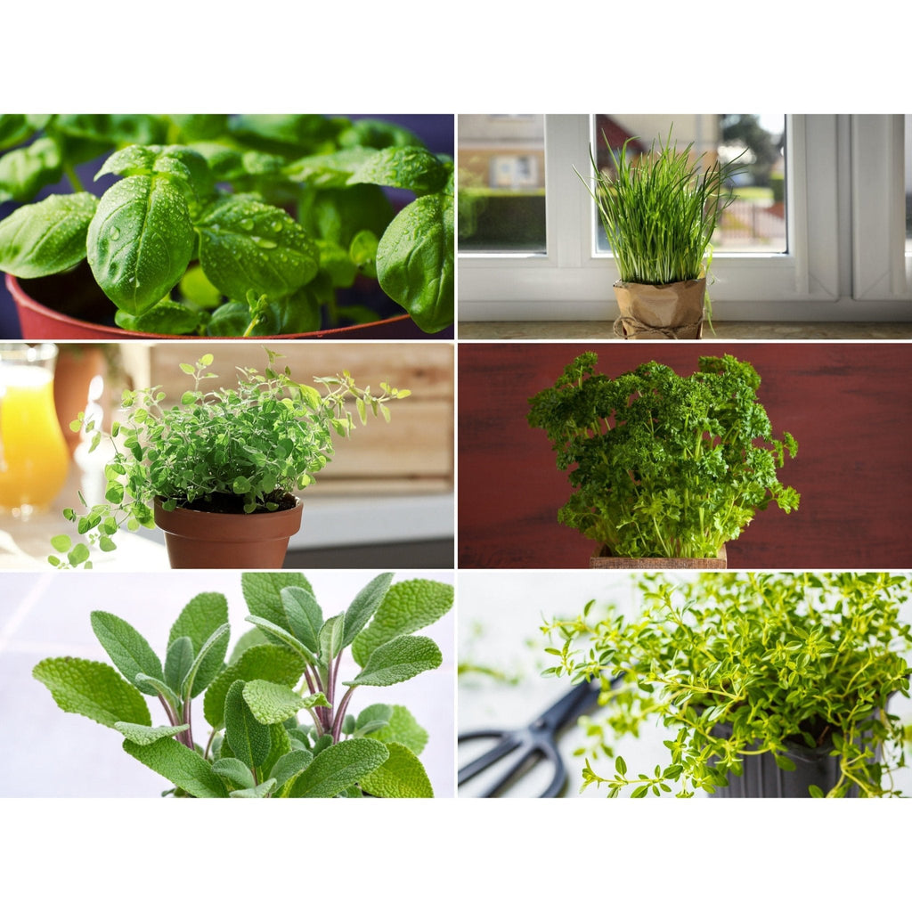 Mixed culinary herb seedlings in small pots, close-up on window herbs