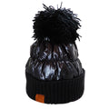 Black ribbed knit beanie with glossy puffer crown and black fuzzy pom-pom