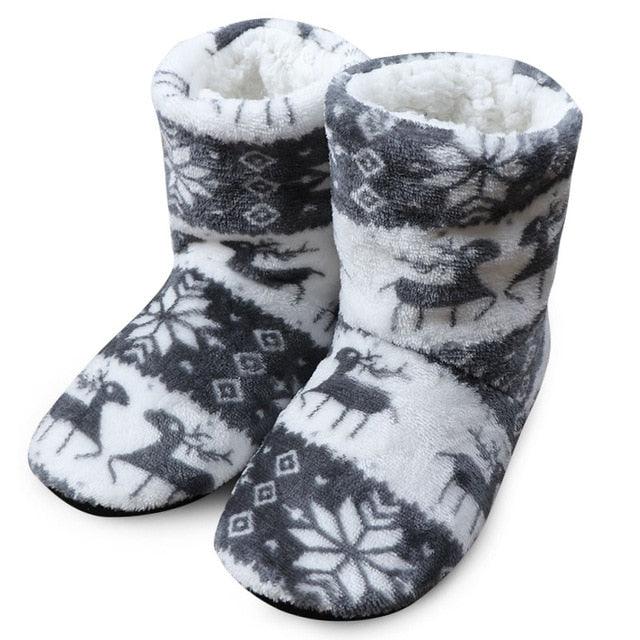 Women’s plush winter slipper boots, gray and white reindeer pattern