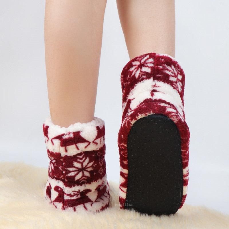 Women's plush faux-fur slipper boots, red and white holiday pattern, rounded toe