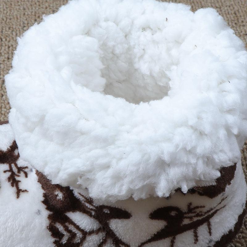Women's plush slipper with thick white faux-fur collar and brown patterned knit