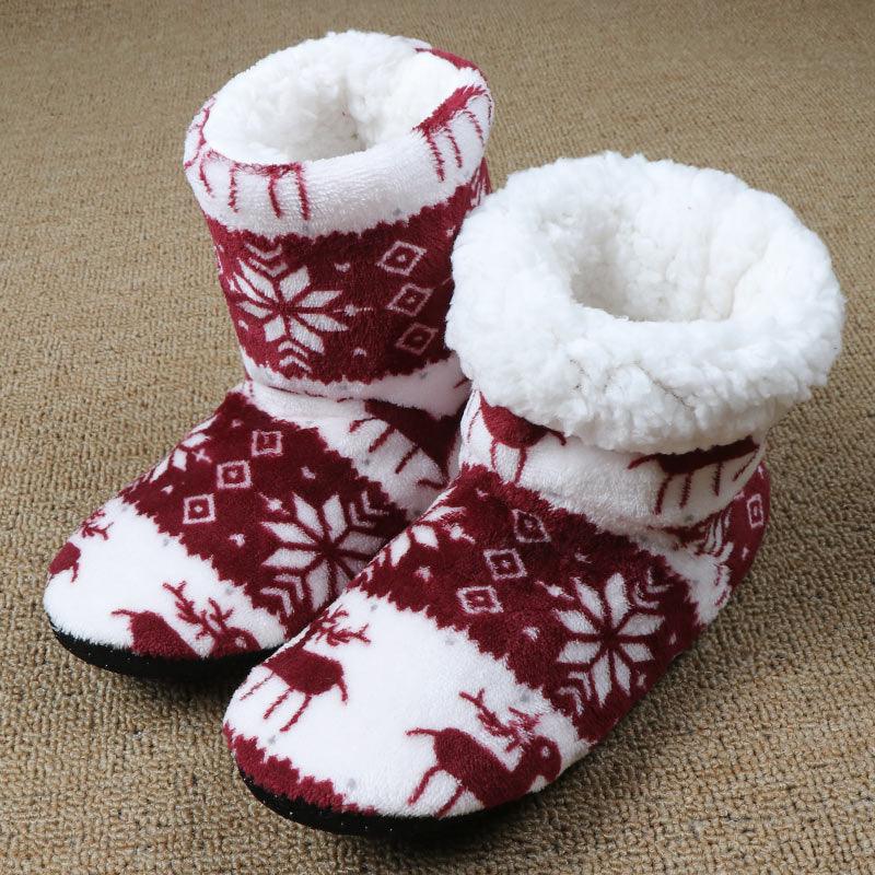 Wine red and white plush slipper boots with cozy fleece lining and winter deer pattern