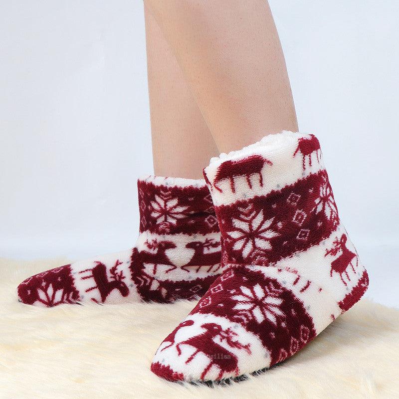 Wine red and white plush slipper boots with fleece lining and winter reindeer and snowflake print