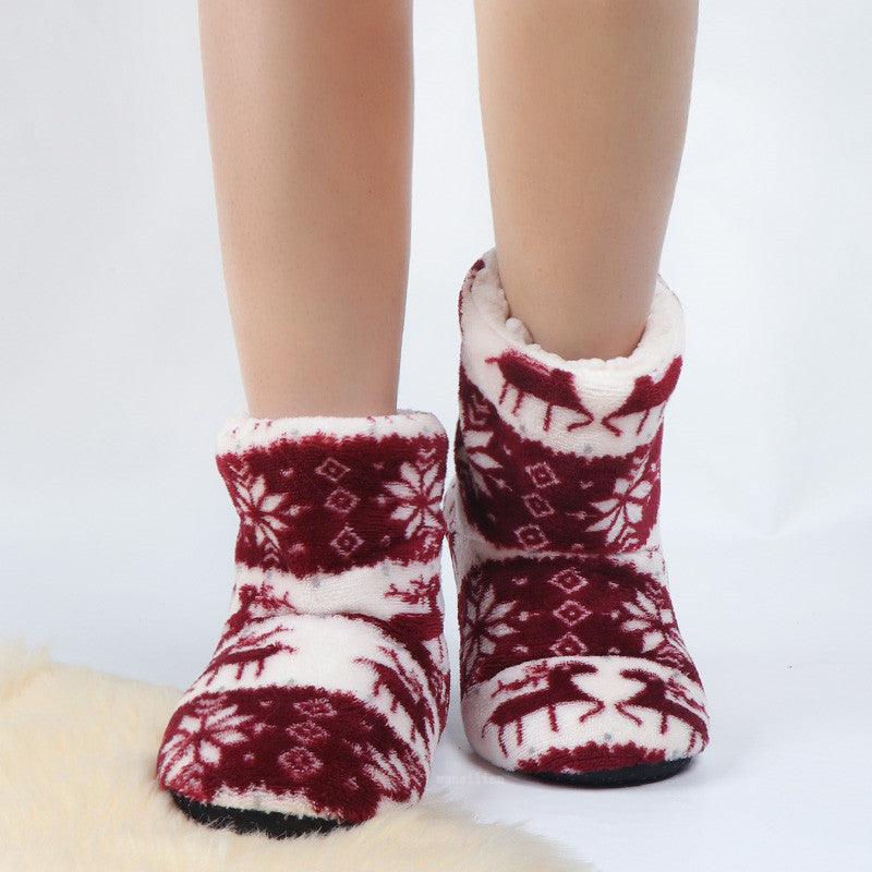 Women’s plush winter slipper boots, burgundy and white reindeer pattern