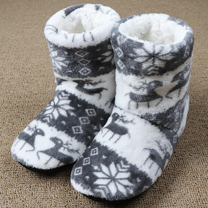 Women’s plush winter slipper boots, gray and white reindeer pattern with thick cuff