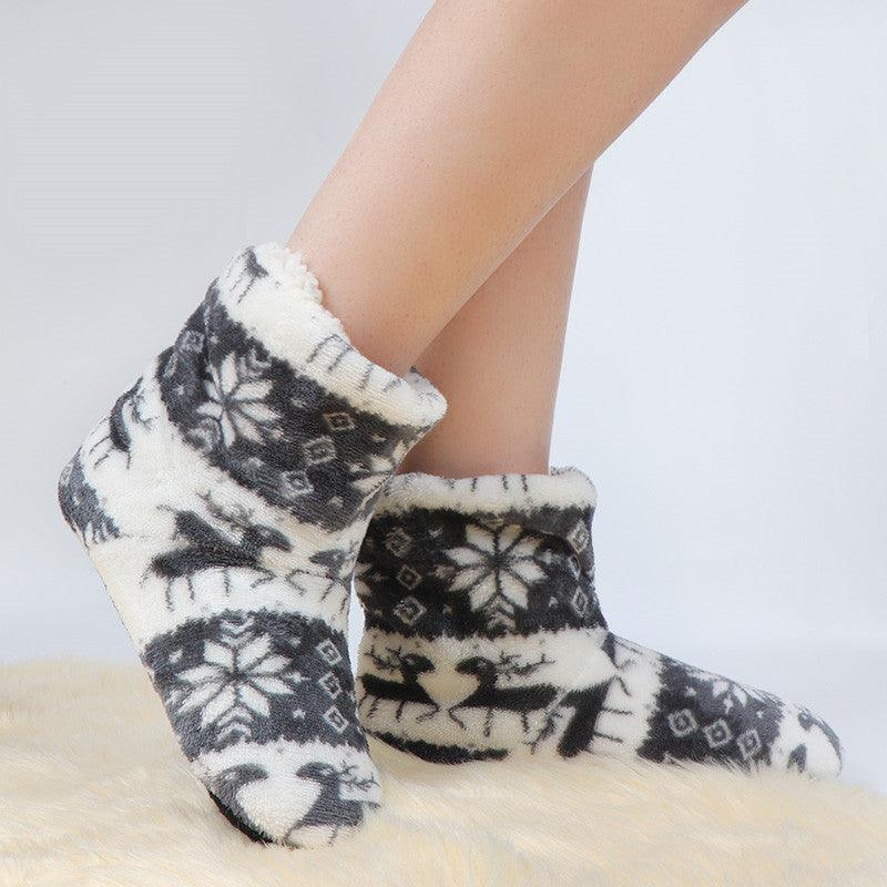 Women's plush faux-fur slipper boots with snowflake pattern, gray and black