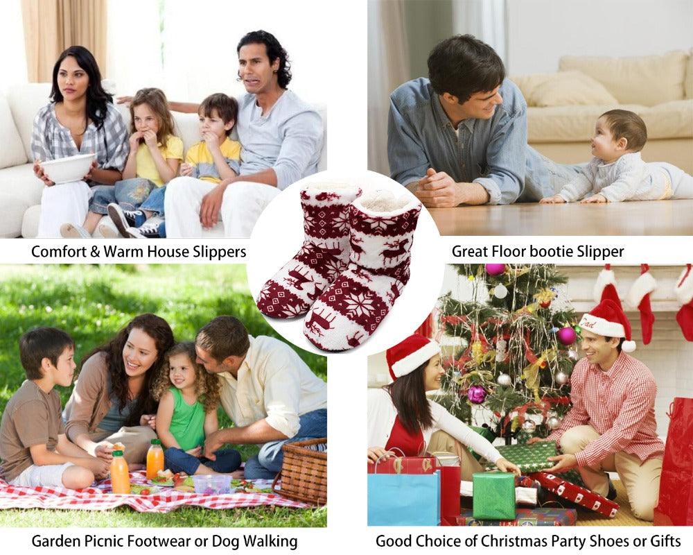 Winter fleece slipper boots shown in a holiday collage with patterned fabric and plush lining