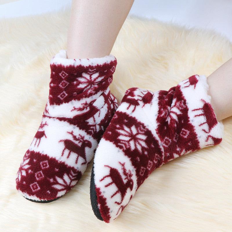 Women’s plush winter slipper boots, maroon and white reindeer pattern