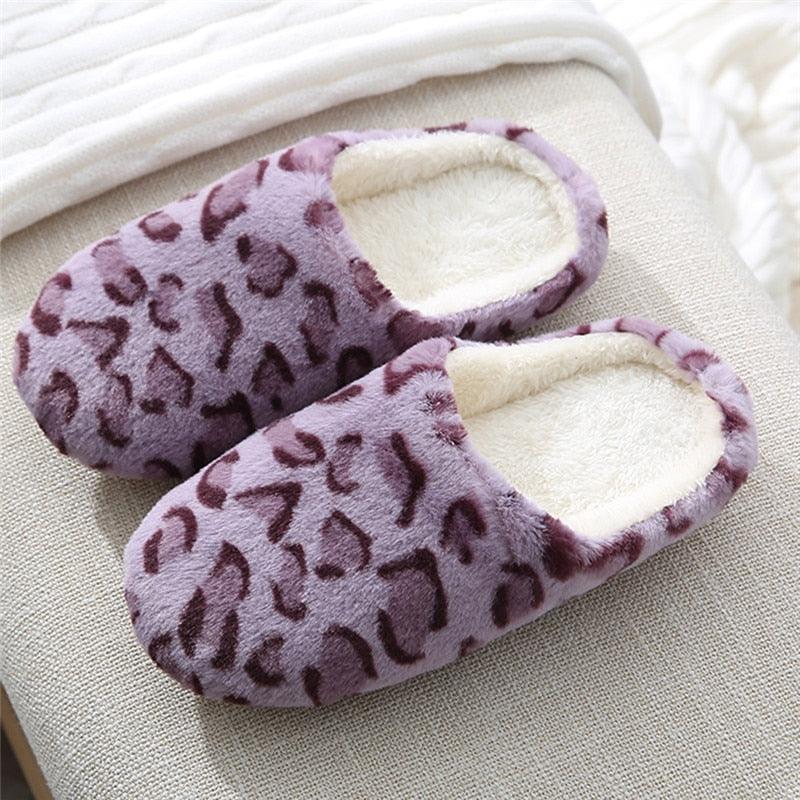 Purple leopard-print plush slip-on slippers with cream fuzzy lining