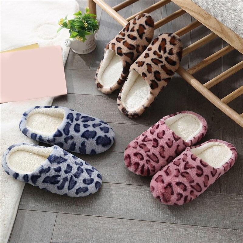 Leopard-print plush indoor slippers, blue and pink pairs