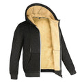 Hooded zip-front fleece jacket with tan lining, dark gray outer, side pockets, long sleeves