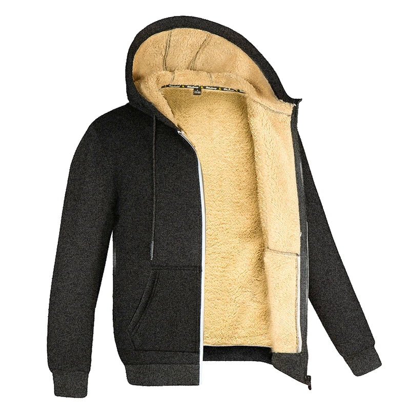 Hooded zip-front fleece jacket with tan lining, dark gray outer, side pockets, long sleeves
